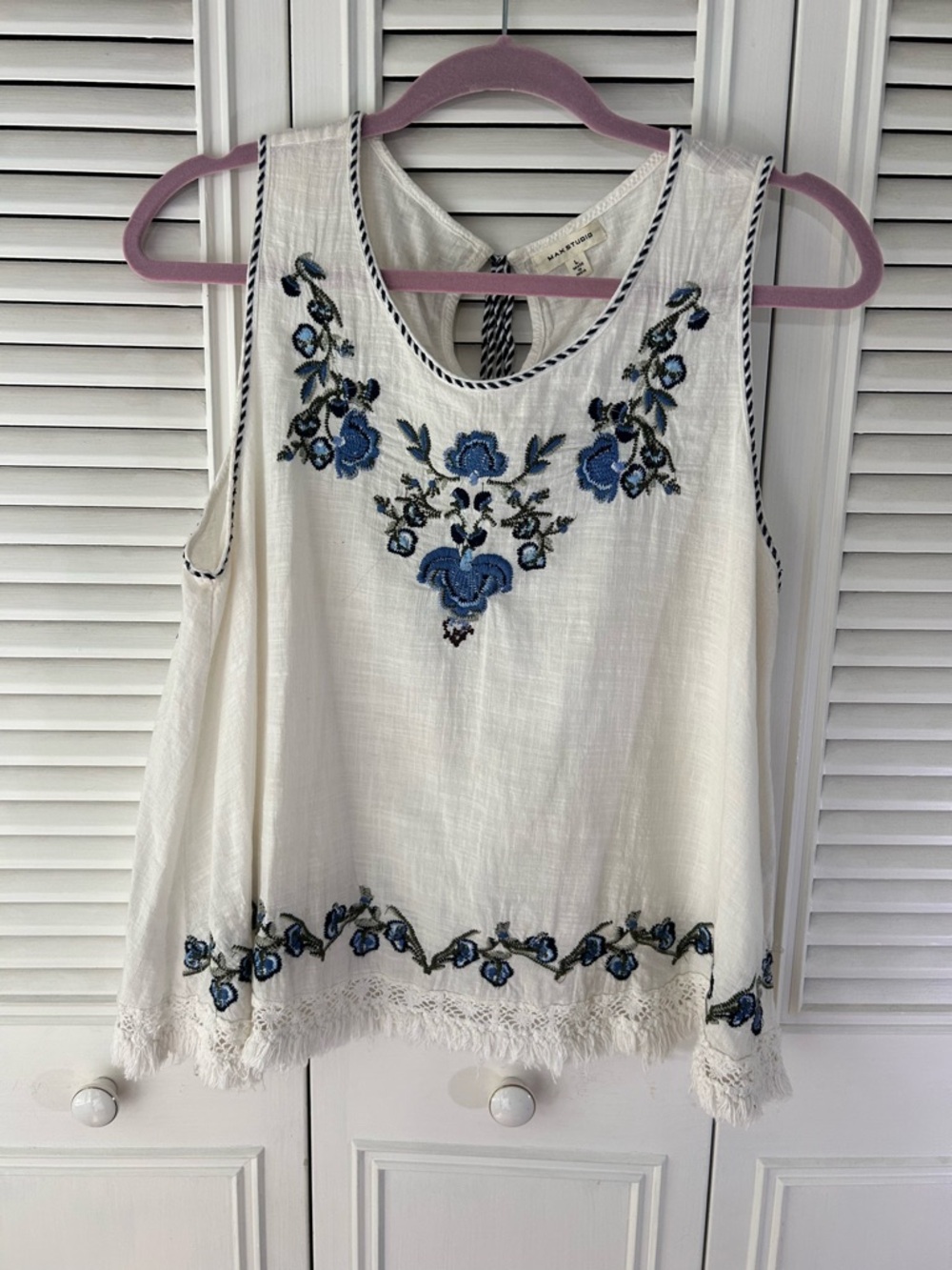 Max Studio White Tank with Blue Floral Embroidery